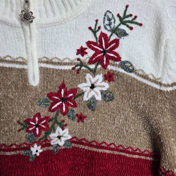 Alfred Dunner Chenille Knitted Floral 1/4 Zip Sweater XL Christmas Holiday Multi - Picture 6 of 11